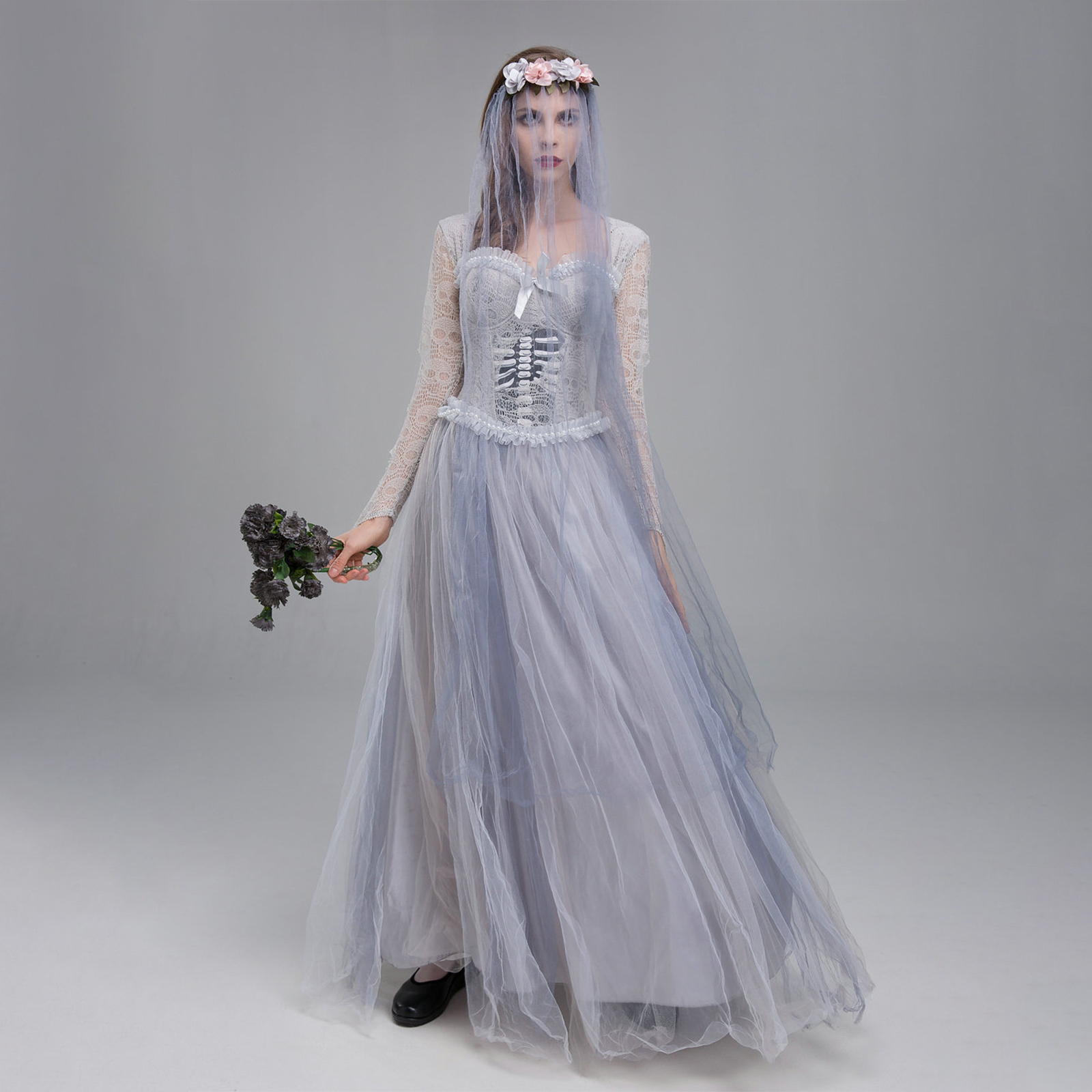 Costume de mariée morte d'halloween pour femmes, robe Corset de mariée fantôme cadavre et voile, ensemble bandeau Floral pour tenues de Cosplay