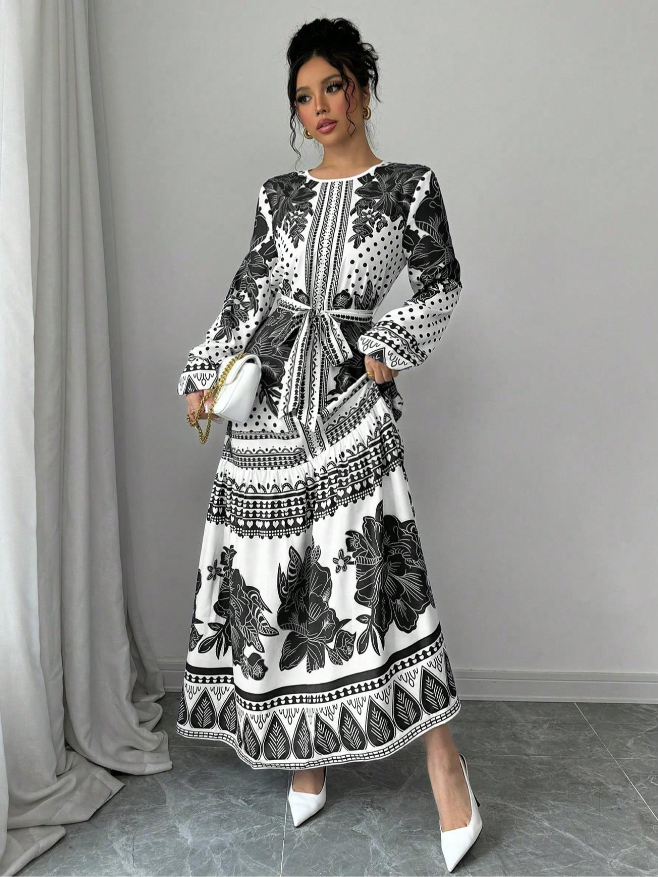 Robe ceinturée à imprimé Floral pour femmes, robe élégante et décontractée à manches longues pour un usage quotidien en plein air, robe d'été pour femmes