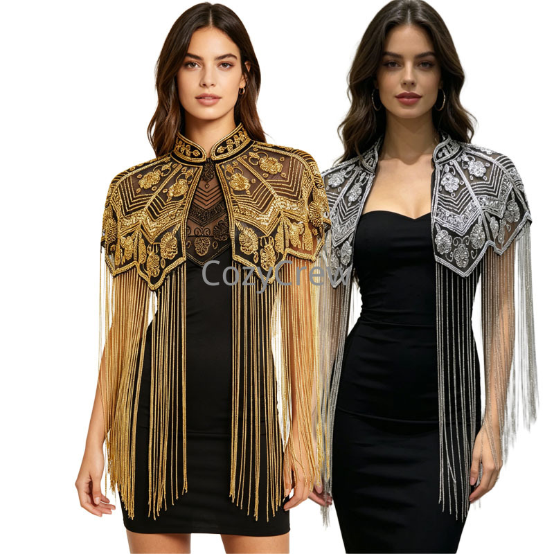Cape vintage à franges et sequins style Charleston des années 20, châle d'épaule Art Déco pour femme, idéal pour mariage, bal de promo, soirée de gala