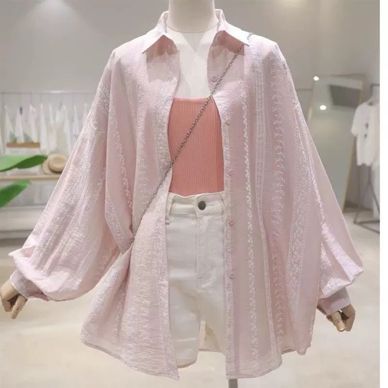 Chemise boutonnée brodée pour femmes, légère, manches longues, surdimensionnée, printemps été, mode coréenne, tenue décontractée