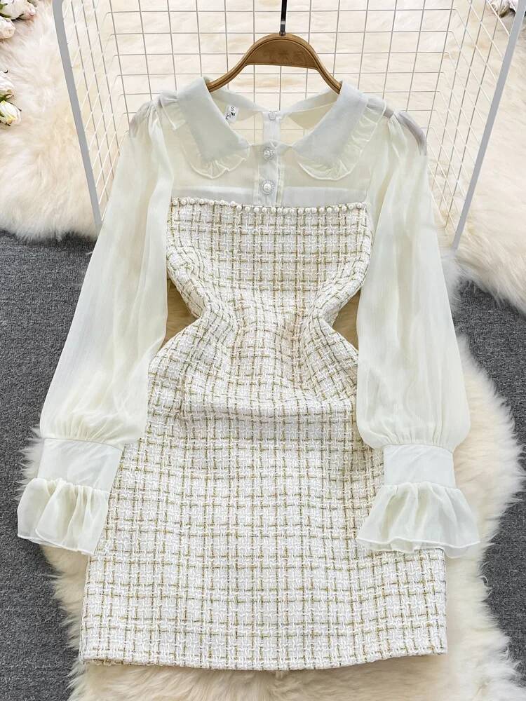 Mode coréenne femmes laine Tweed robe automne hiver Plaid Tweed Patchwork en mousseline de soie à manches longues une ligne élégante robe courte