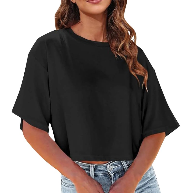 T-shirt à manches courtes pour femmes col rond recadrée couleur unie t-shirts hauts courts amples femmes tendance Petite t-shirt