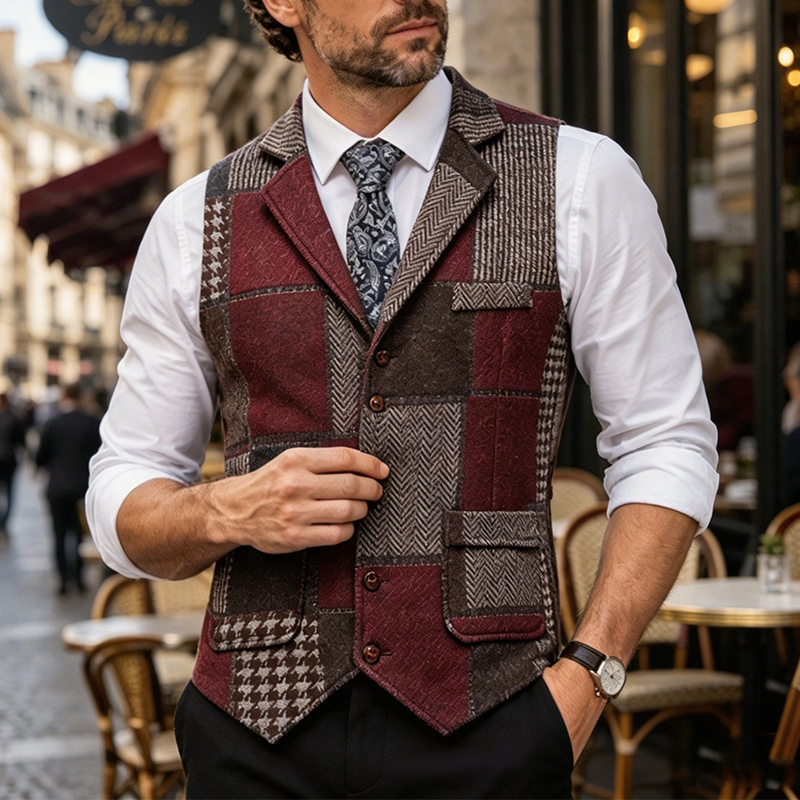 Débardeurs patchwork décontractés pour hommes, style vintage, à col en V et couleurs contrastées, pour l'automne-hiver 2026, gilets sans manches pour l'extérieur.