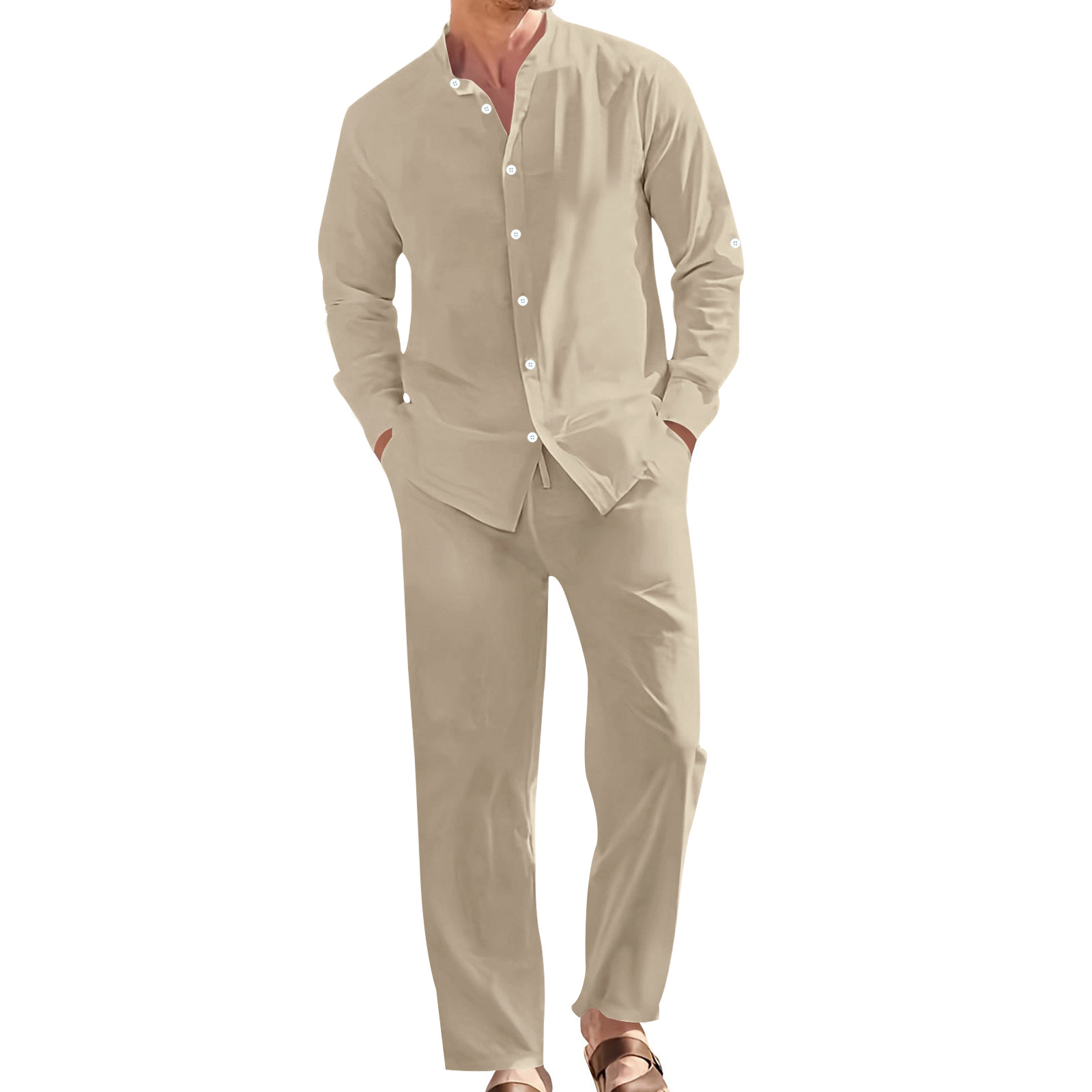 Ensemble décontracté en lin pour homme, chemise à col montant + pantalon ample