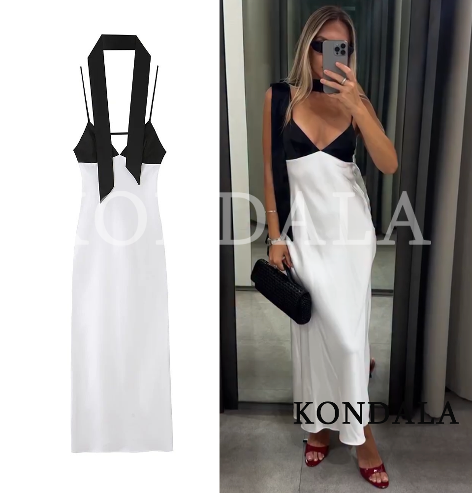 Robe longue élégante et chic KONDALA pour femme, col foulard, nouvelle collection été 2026, tendance, pour soirée ou vacances, en satin, coupe ajustée, à fines bretelles
