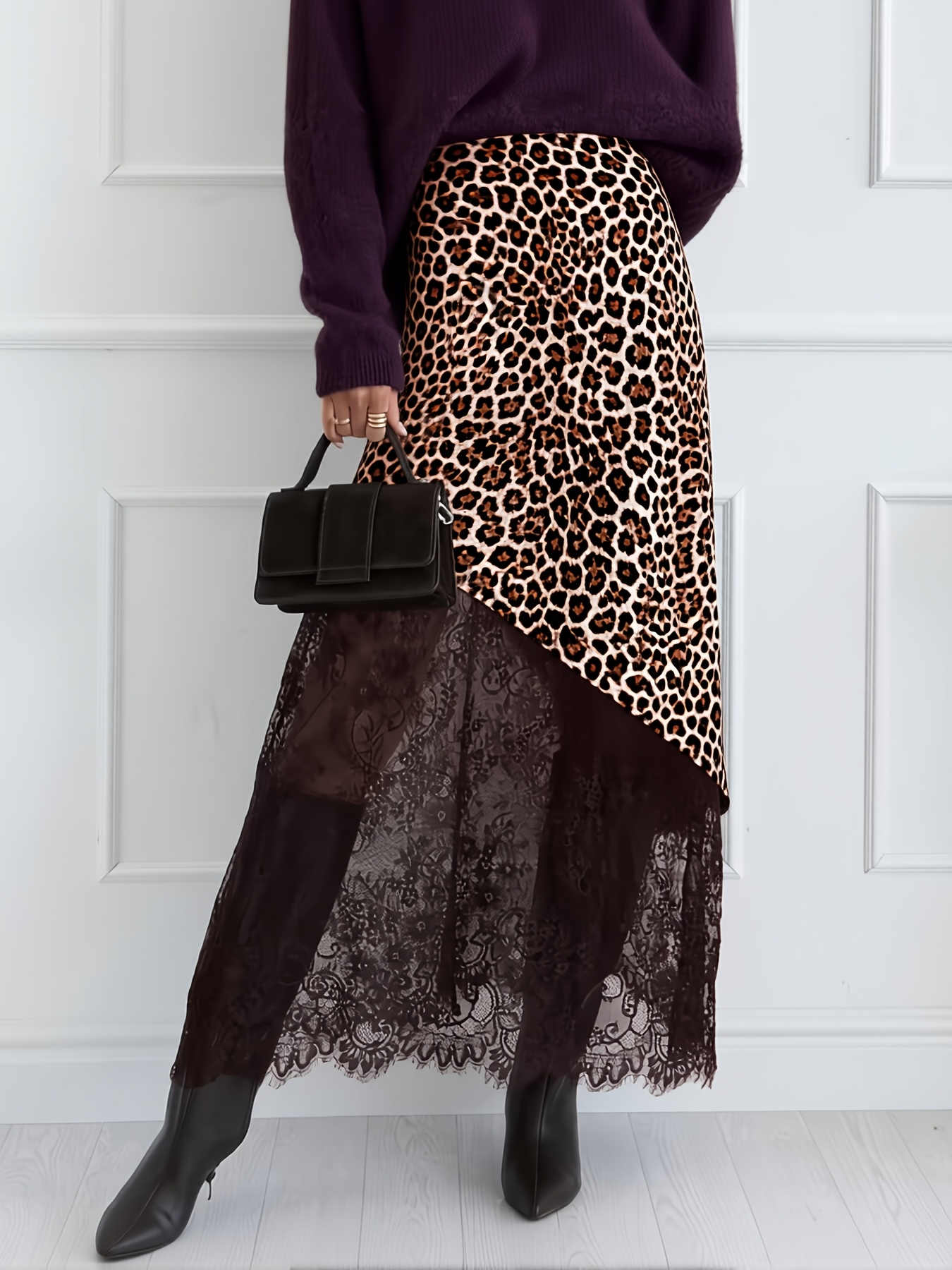 Jupe asymétrique à imprimé léopard pour femmes, taille haute, avec empiècements en dentelle, jupe longue vintage élégante, coupe A-line, longueur midi.