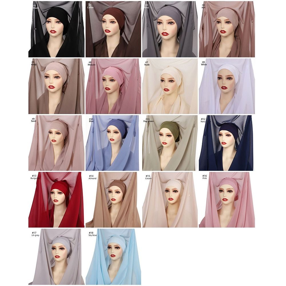 Hijab instantané 2-en-1 en mousseline avec aimants intégrés, couleur unie, long foulard musulman avec sous-bonnet, couvre-chef islamique confortable