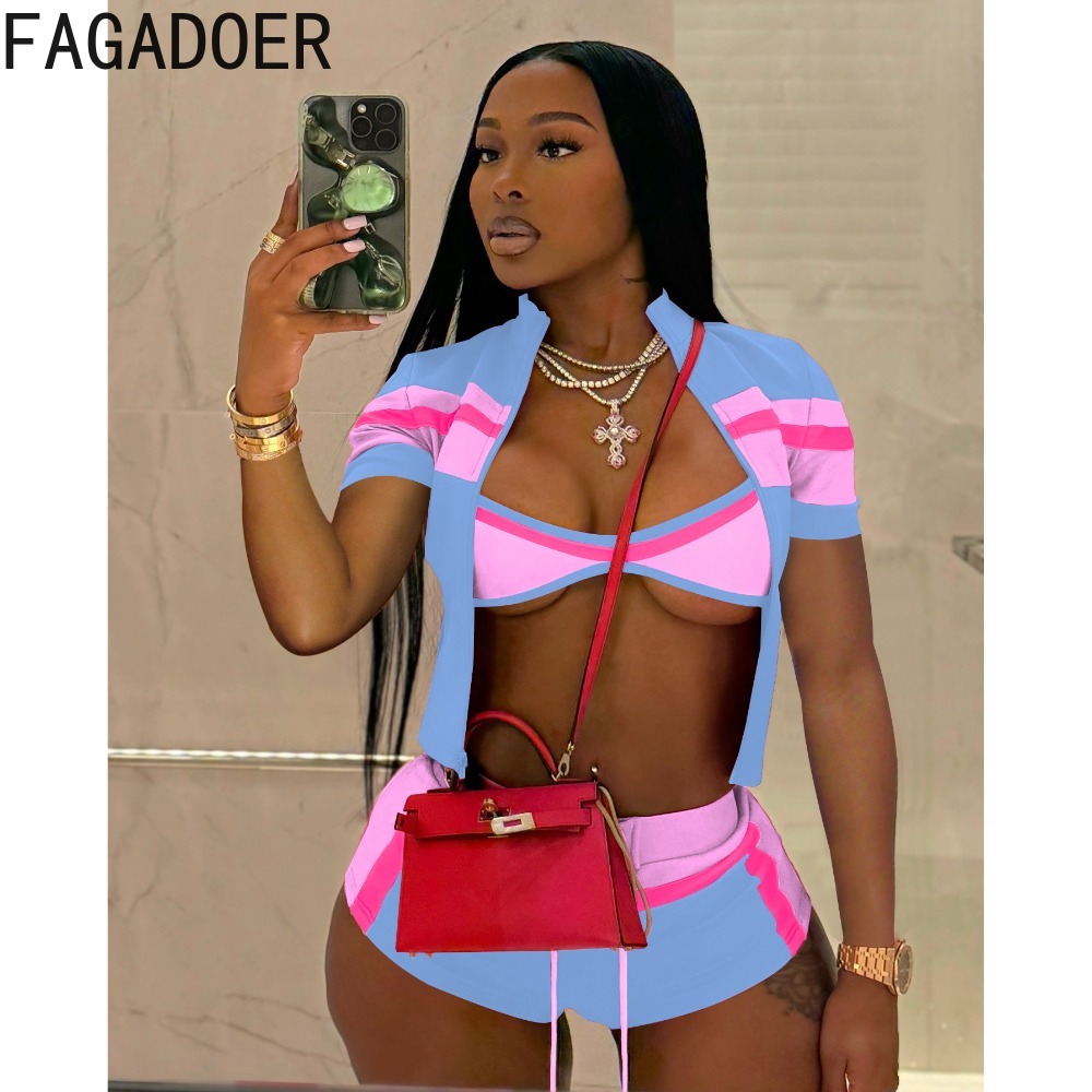 FAGADOER mode 2 pièces ensembles femme tenues couleur bloc manches longues veste + débardeur et short survêtements femme Streetwear