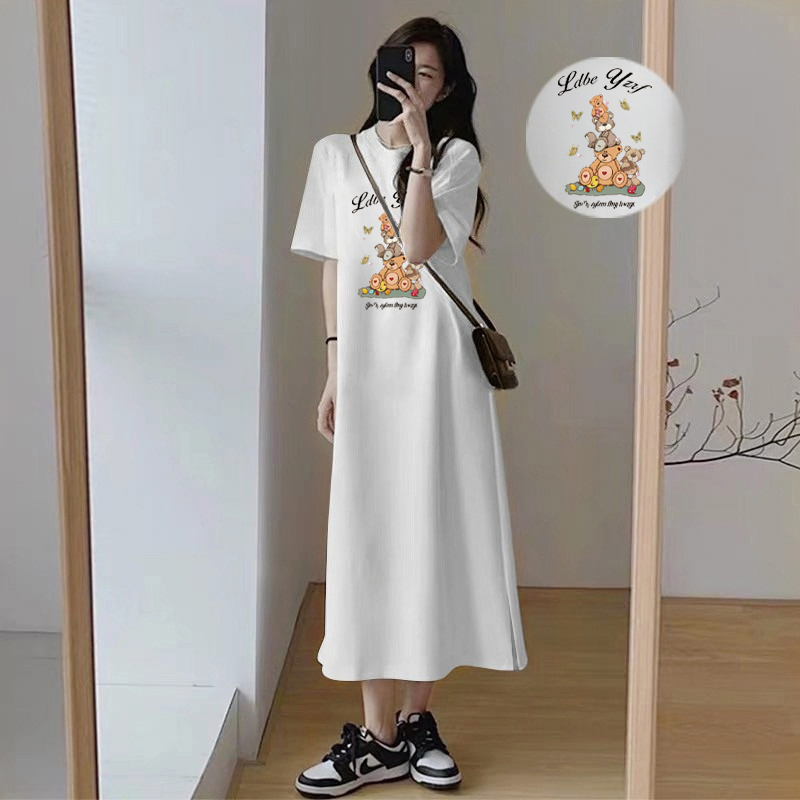 Robe longue décontractée pour femmes coréennes, imprimé ours mignon, manches courtes, col rond, robe maxi d'été