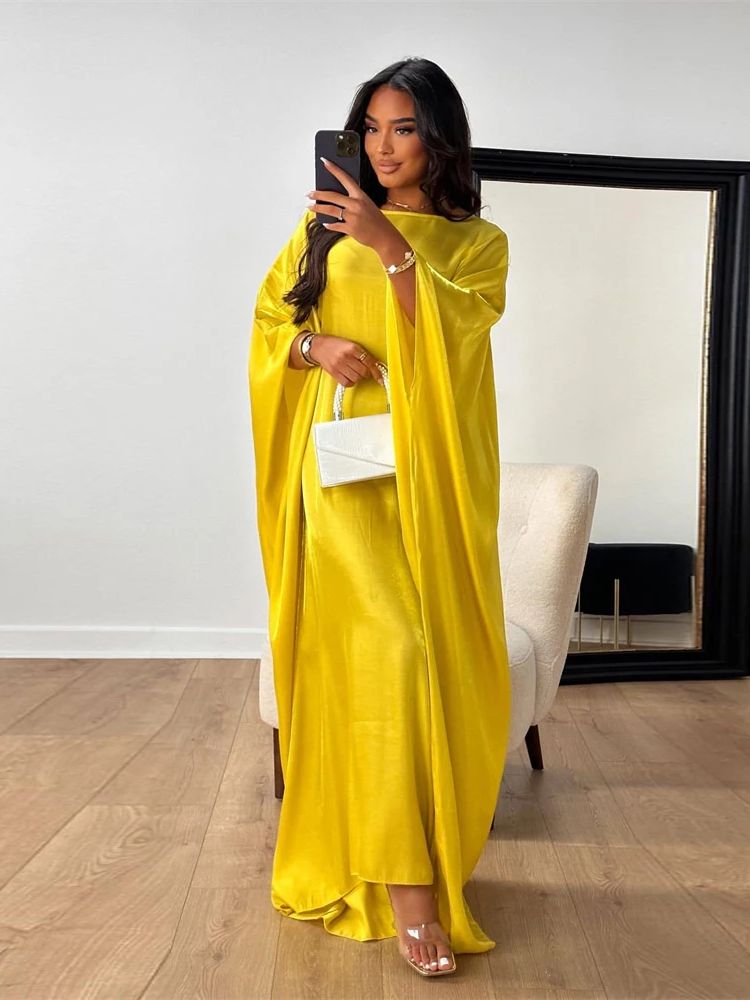 Ramadan Eid été Satin chauve-souris Abaya dubaï femmes Islam musulman Maxi caftan robes Kebaya Caftan Marocain Robe Femme Musulmane