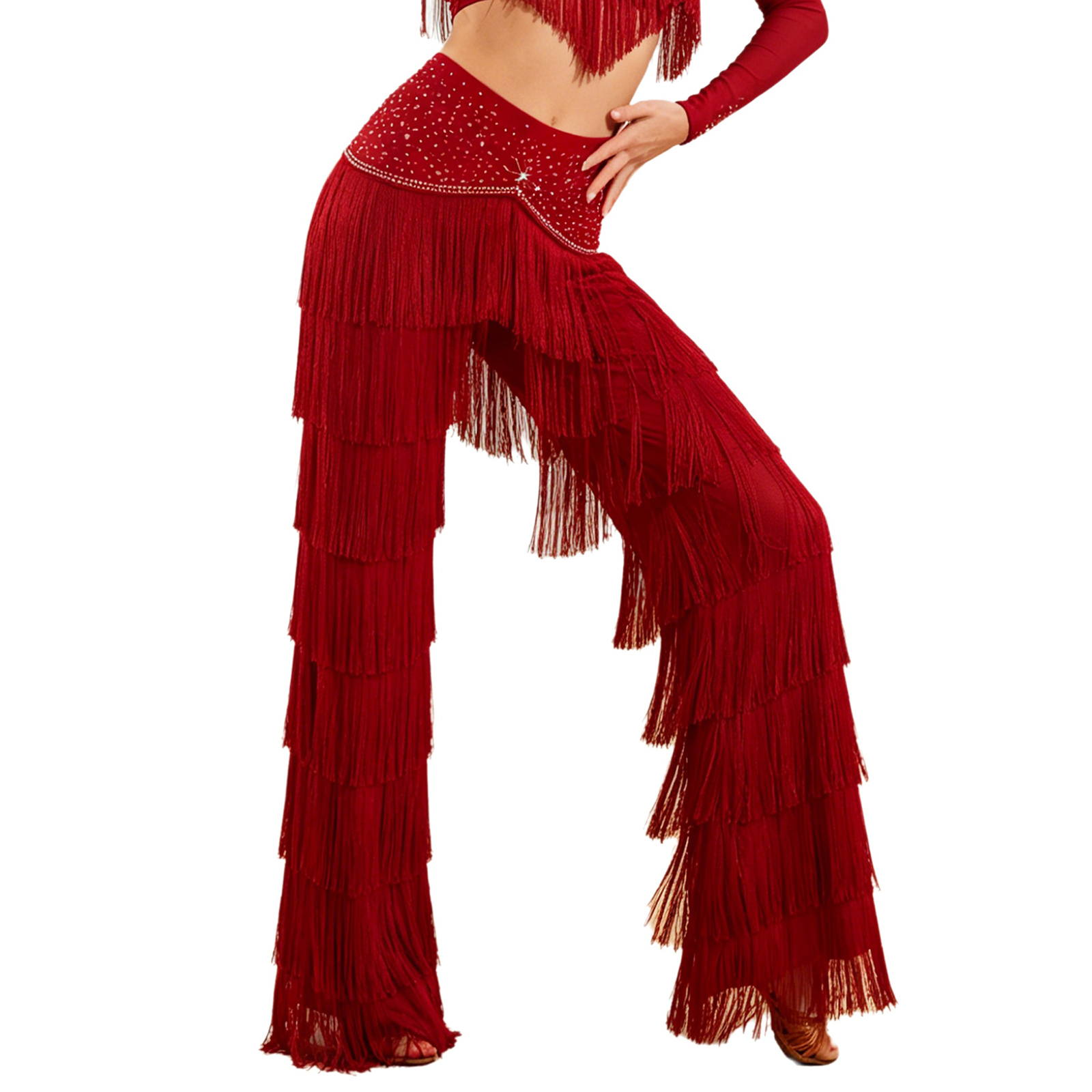 Robe de danse latine pour femmes adultes, pantalon à franges superposées avec strass, Costume de Salsa Samba, Costume de concours de danse