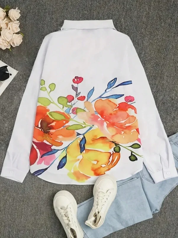 Grande taille femmes mode printemps automne imprimé fleuri poche à manches longues chemise décontractée revers simple boutonnage chemisier ample chemise