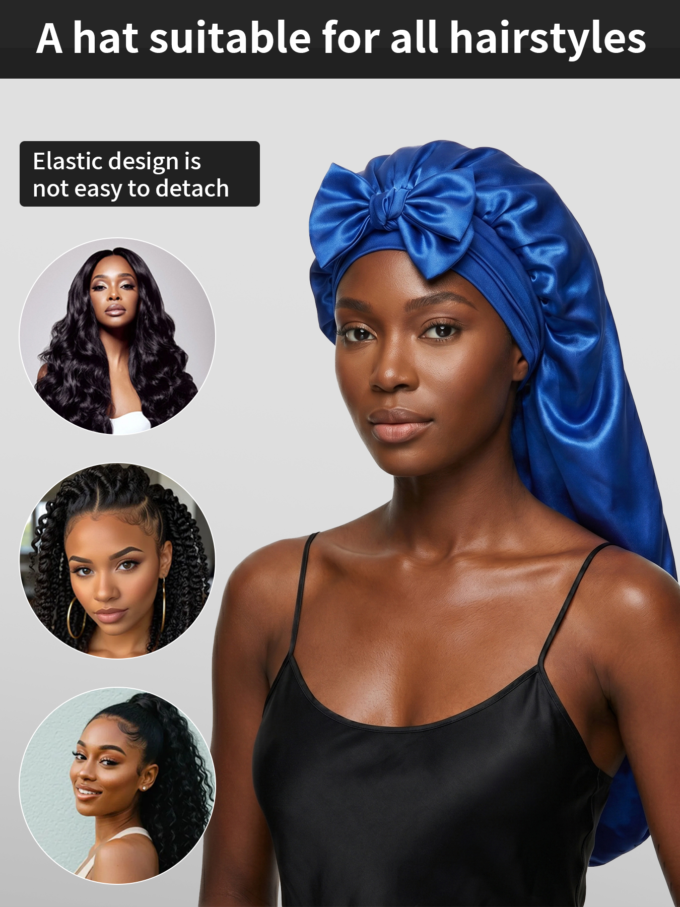 Bonnet en satin doux et soyeux pour femmes, cheveux naturels et bouclés, taille extra large, avec lien pour un sommeil confortable.