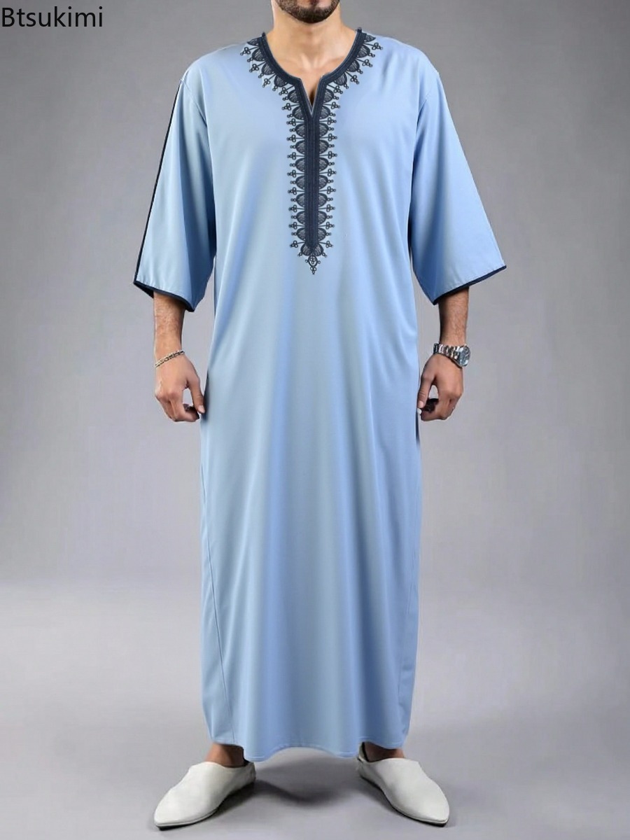 Vêtements musulmans traditionnels pour hommes, Eid, moyen-orient, Jubba Thobe, Robes musulmanes arabes à manches courtes, cadeau pour mari, 2026
