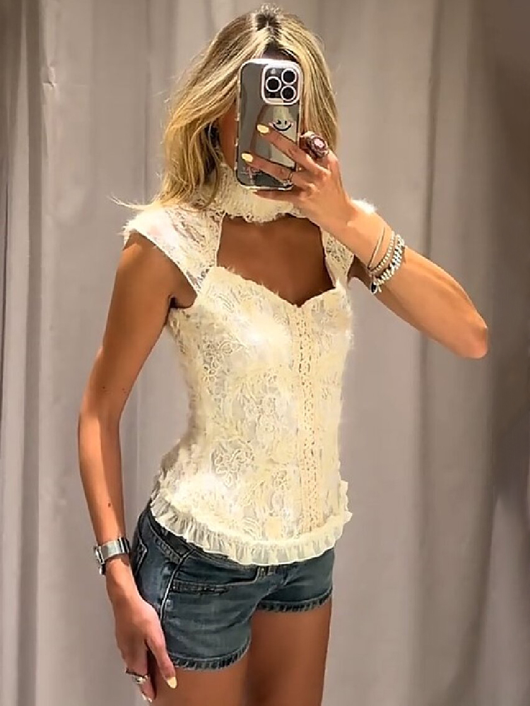 Chemisier Femme Chic Vintage à Col Montant, Sans Manches, en Dentelle, avec Découpes au Dos et Ourlet à Volants, Coupe Ajustée, Idéal pour Soirées et Vacances