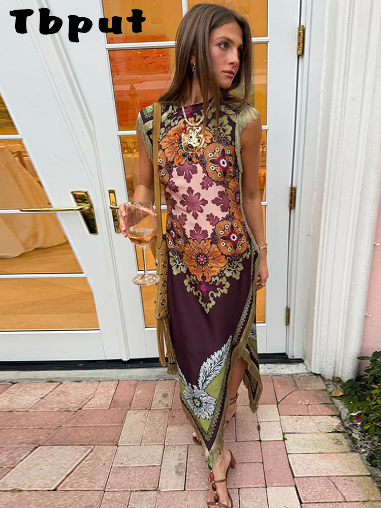 Robe élégante imprimée pour femme, sans manches, à franges, coupe ajustée, asymétrique, collection Printemps-Été 2026, chic, pour les vacances