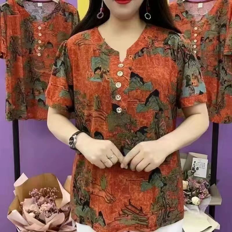 Vêtements pour femmes d'âge moyen et âgées, été 2025, t-shirts amples à imprimé floral vintage, décontractés, col rond, manches courtes, pulls