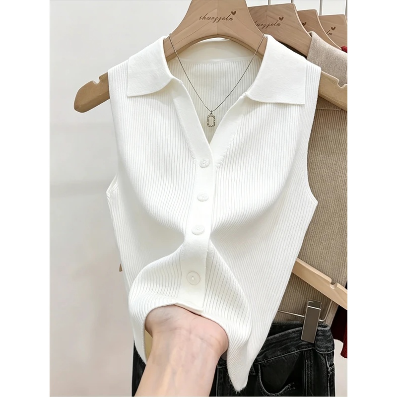 Nouvelle collection été 2026 – Gilet décontracté en maille pour femme, col rabattu, sans manches, boutonnage simple, couleur unie