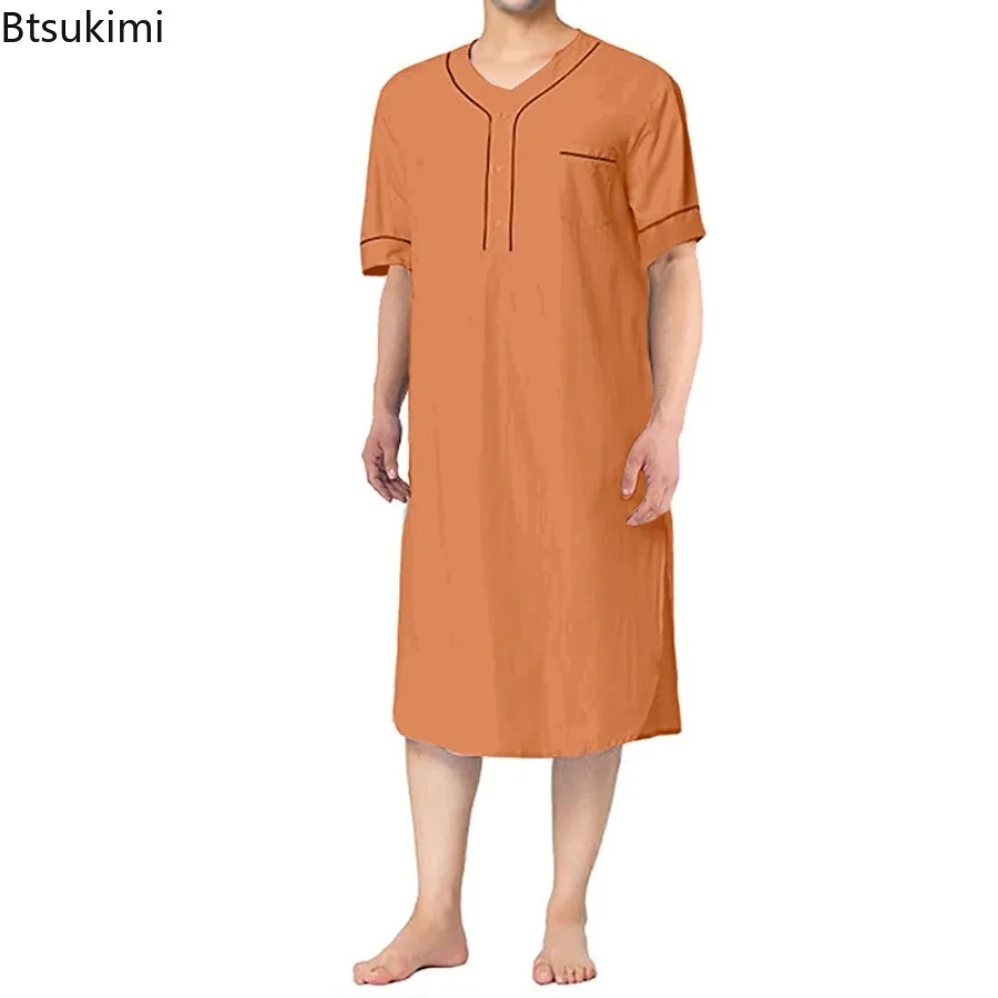 Nouveau 2026 hommes mode musulmane Robes robe à manches courtes solide coton ample col rond loisirs chemise de nuit hommes peignoirs Homewear Abaya