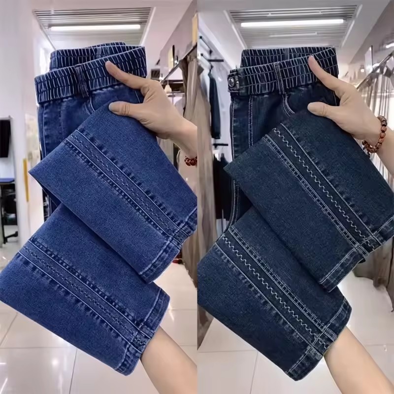 Mode femmes jean 2025 nouveau printemps automne coréen sauvage taille élastique pantalon en Denim droit femme pantalon femme
