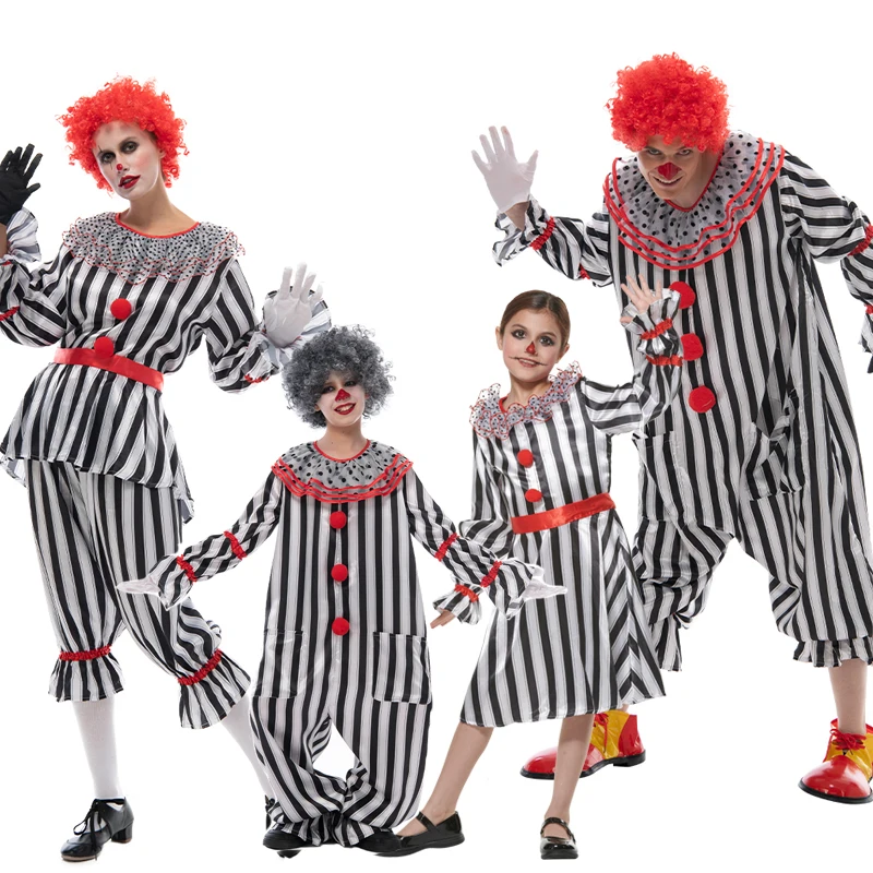 Costume d'Halloween pour adultes, Costumes de Clown familial pour enfants, tenue de Cosplay Joker de cirque, combinaison de Clown drôle, déguisement de fête de carnaval