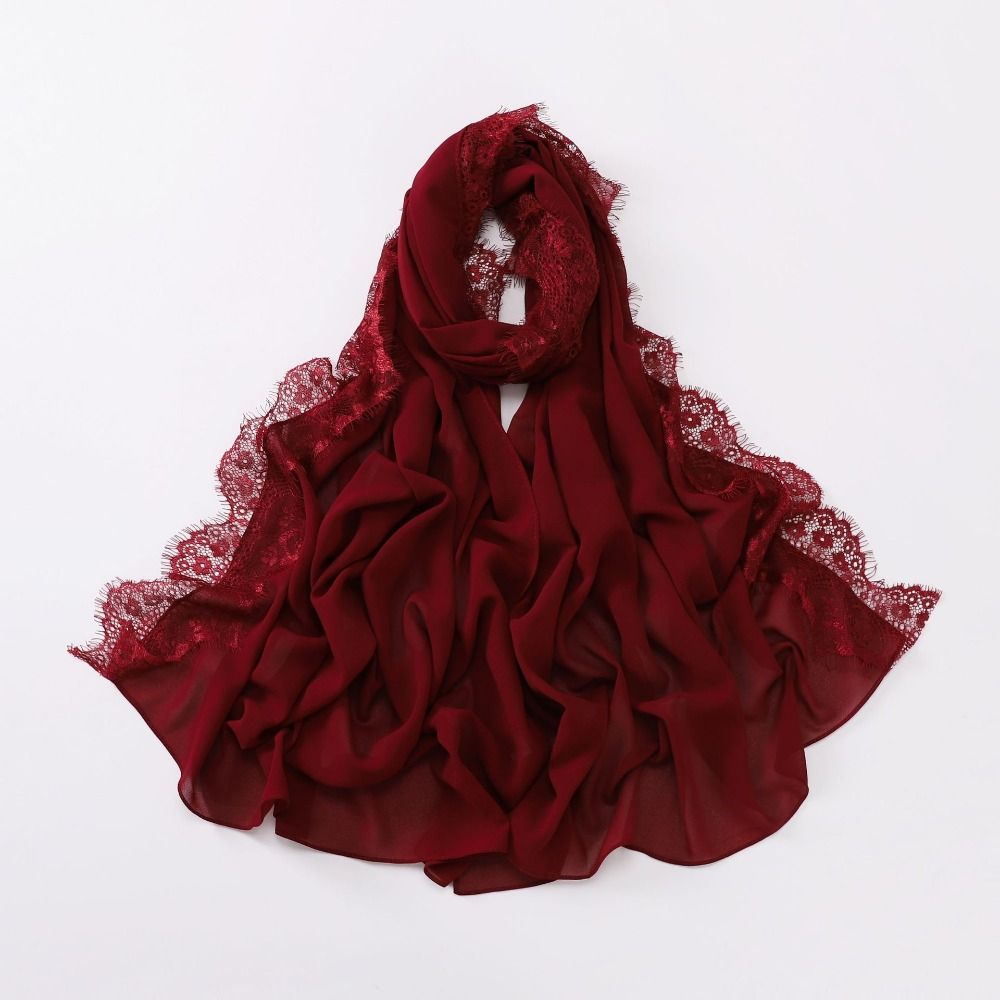 Élégant foulard en soie uni, long et doux, châle de protection solaire avec bordure en dentelle, respirant, pour le Ramadan, couvre-chef pour femme