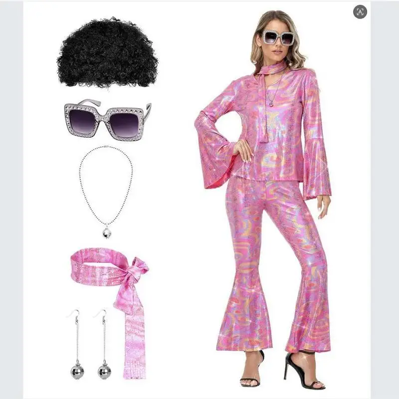 Costume de fête disco années 70 pour femme : haut, pantalon, lunettes de soleil, collier, boucles d'oreilles, perruque pour Halloween, Pâques et déguisements