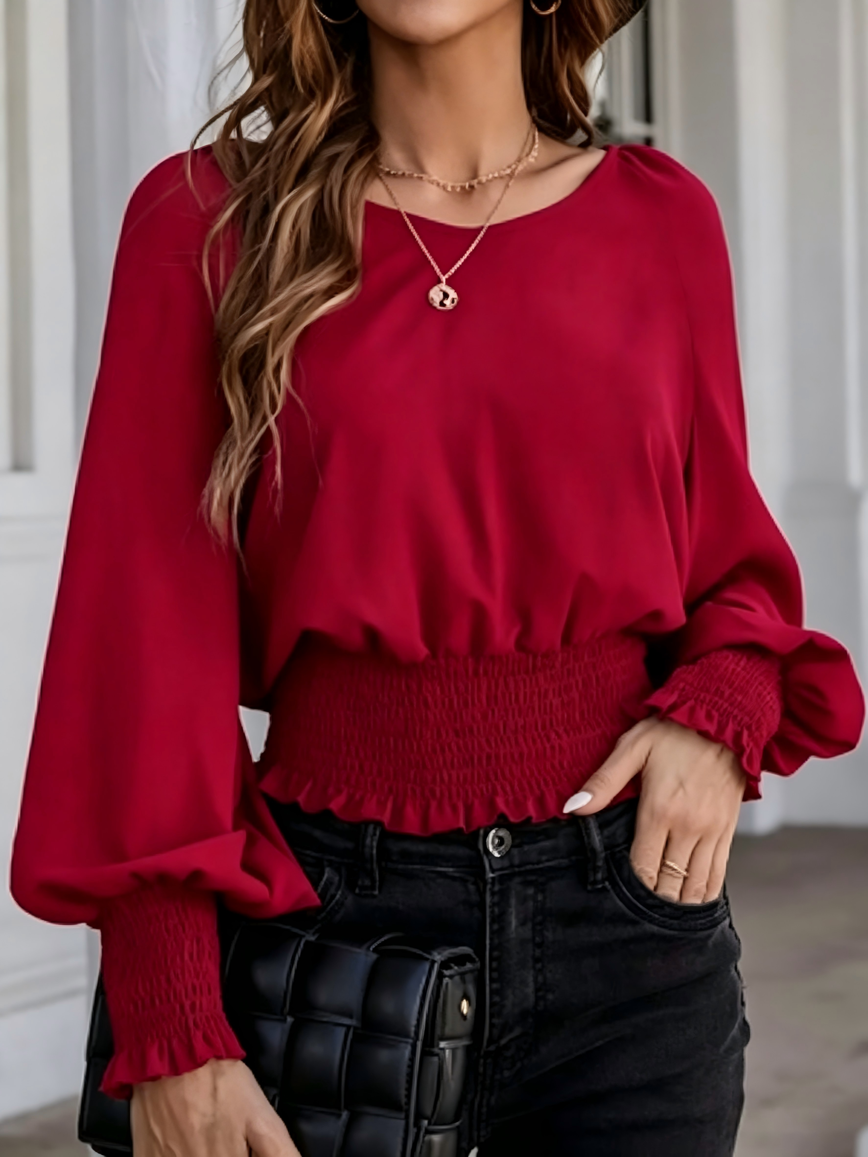 Chemisier Rouge Femme à Manches Longues Bouffantes, Col Rond, Taille Froncée, Poignets Volants, en Chiffon – Élégant, Décontracté, pour le Bureau – Hauts pour Dames 2025
