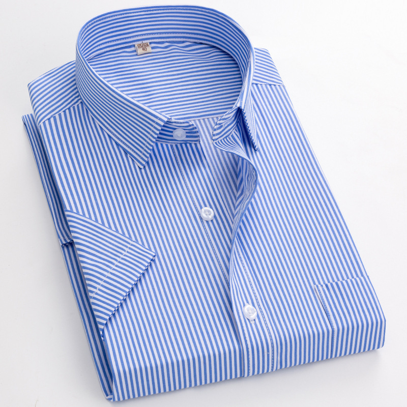 Chemise rayée à manches courtes pour hommes, col carré, coupe régulière sans repassage, poche anti-rides, chemises sociales pour hommes, été, S ~ 8XL