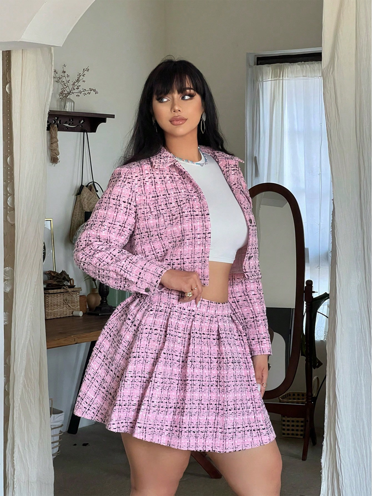 Ensemble deux pièces en tweed pour femmes grandes tailles : blazer court et mini-jupe – Parfait pour les tenues décontractées, les rendez-vous et les soirées