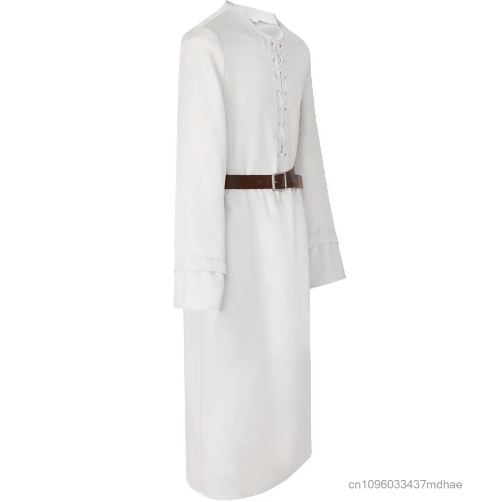 Robe de chevalier médiévale blanche à capuche pour homme, costume de tunique de chevalier de la Renaissance avec ceinture, tenue de cosplay de sorcier, déguisement de fête