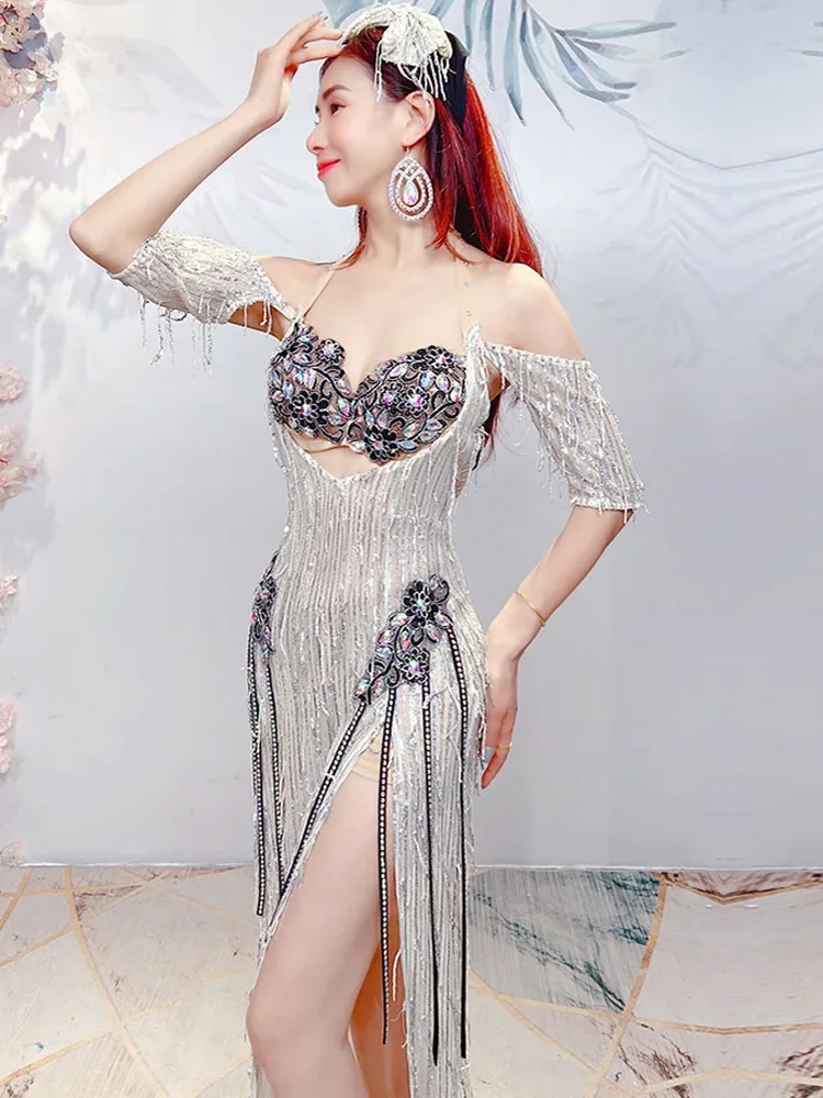 Vêtements de danse du ventre sirène, robe longue Sexy à paillettes pour femmes, Costumes de danse du ventre orientale, tenues de danse, soutien-gorge + jupe