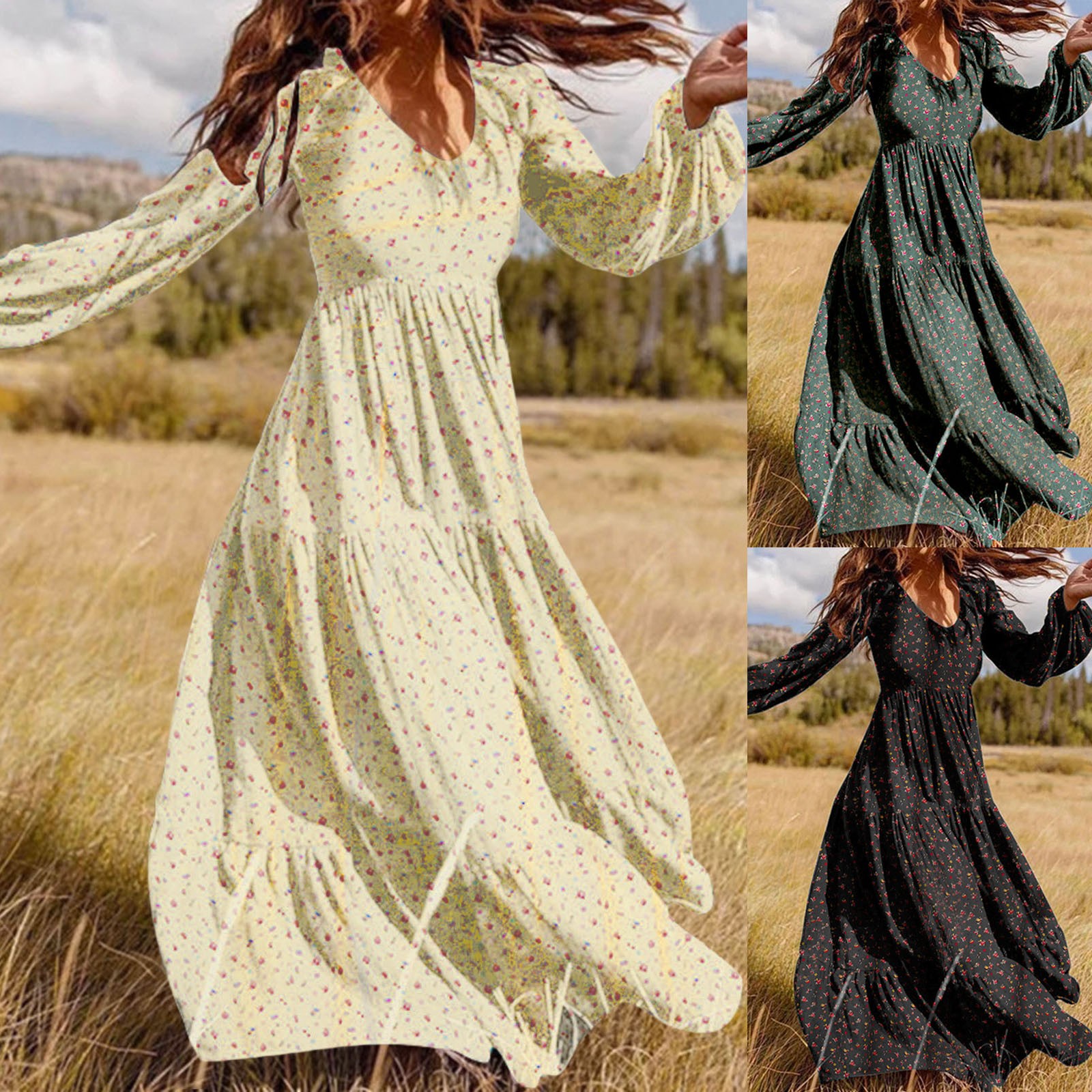 Robe longue décontractée à imprimé floral pour femmes, manches à col en V, robe trapèze, mode élégante, style plage, vacances