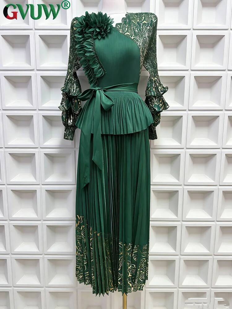 Robe plissée élégante à volants GVUW pour femme, manches lanternes, taille haute, lacets, gaufrage doré, nouvelle collection Printemps 2026, 17S3639