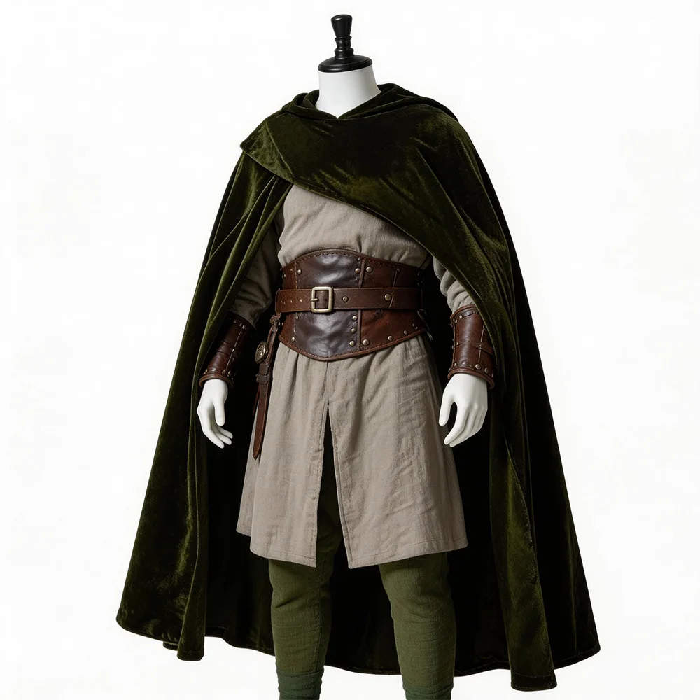 Cape à capuche pour homme, couleur unie, en velours, style médiéval, cape de la Renaissance avec capuche, costume de pirate ou de sorcier pour performance