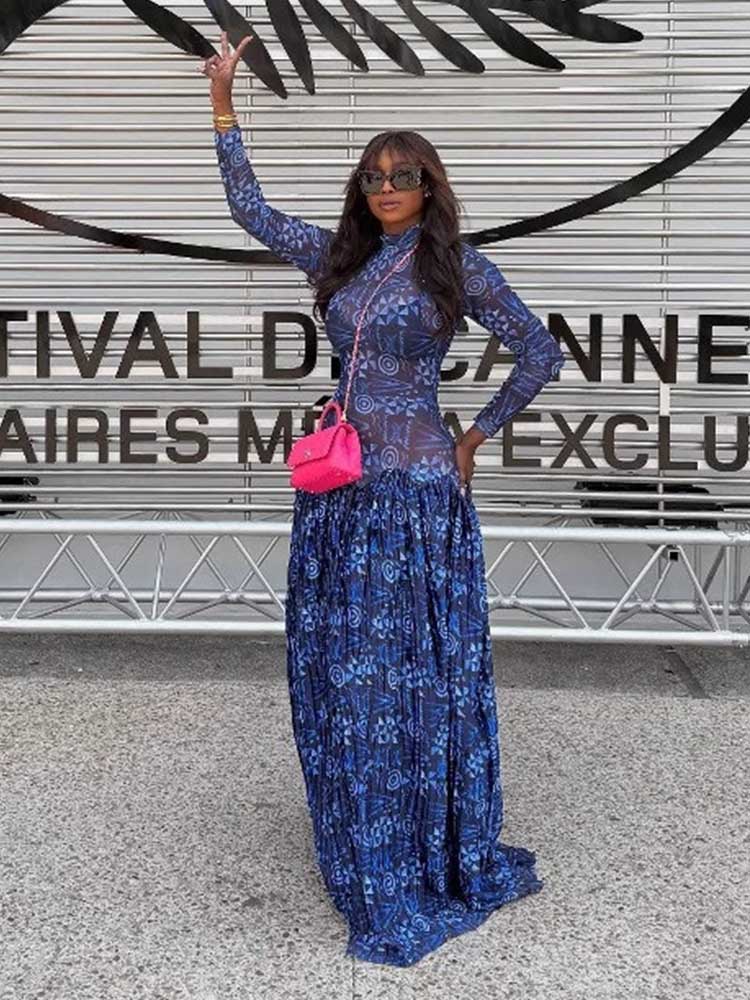 Robe bleu Royal pour femmes, col roulé, taille haute, transparente, légère, longue, avec manches, Streetwear, robe Maxi plissée