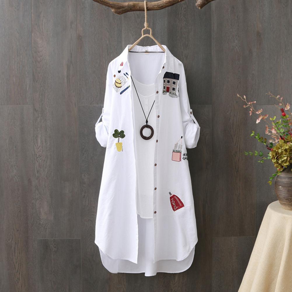 Chemise mi-longue pour femmes, broderie de dessin animé, ourlet ample irrégulier, col rabattu, simple boutonnage, Protection solaire, haut à manches longues