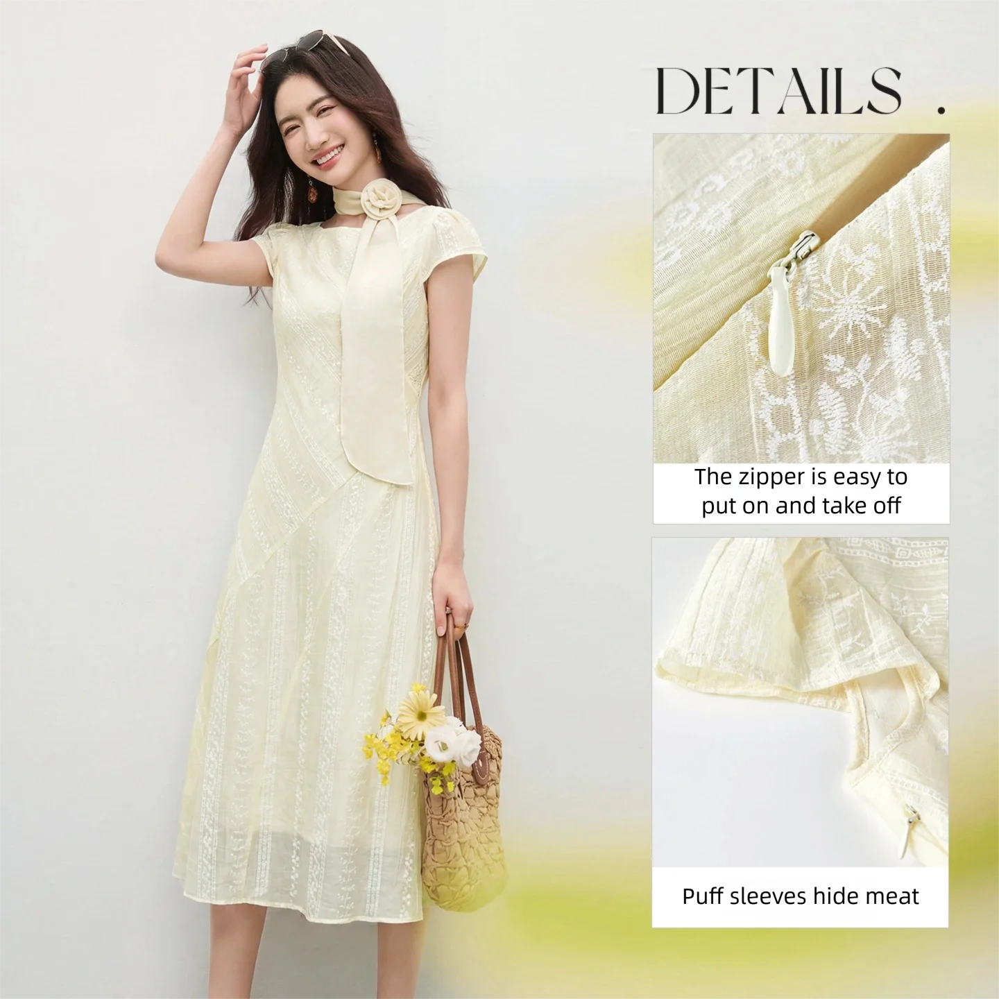 Robe Midi Élégante SENTUBILA à Manches Bouffantes Coupe Trapèze pour Femme, Été 2026, Style Bohème Jacquard, Taille Cintrée, Légère Q62LI7205