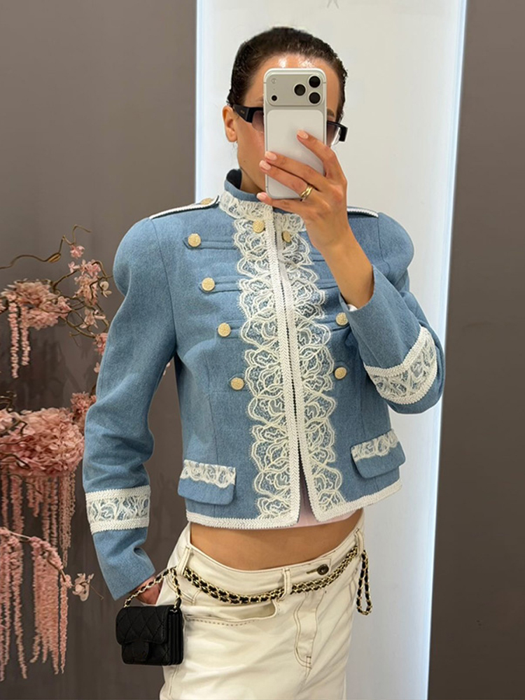 Veste Courte en Jean Bleu Clair pour Femme, Double Boutonnage, Col Montant, Manches Longues à Motifs Floraux, Bordure en Dentelle, Poches, Style Vintage