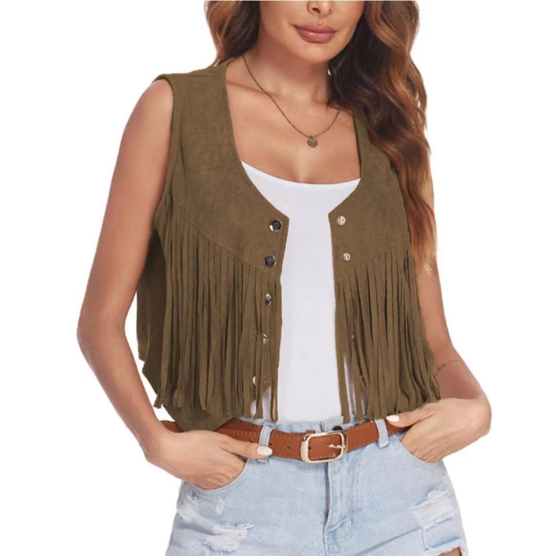 Veste en faux daim pour femme, cardigan ouvert sur le devant, gilet de cow-girl vintage, glands à franges, hippicopter, fibre ethnique, rivet