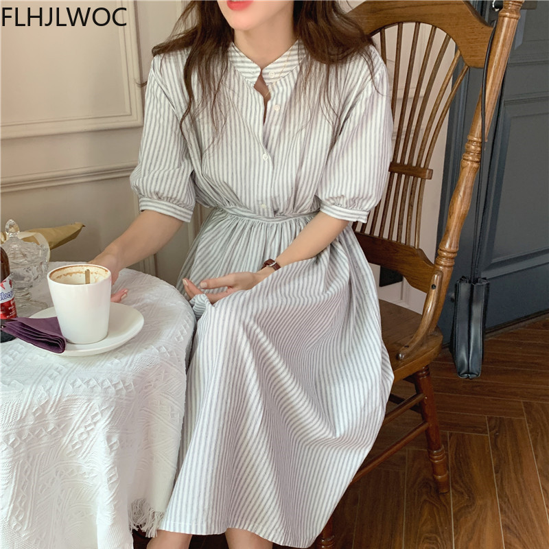 Robe longue à boutons et rayures pour femmes, tenue Chic, mode coréenne, Style japonais, coréen, simple boutonnage, boutons, longue chemise
