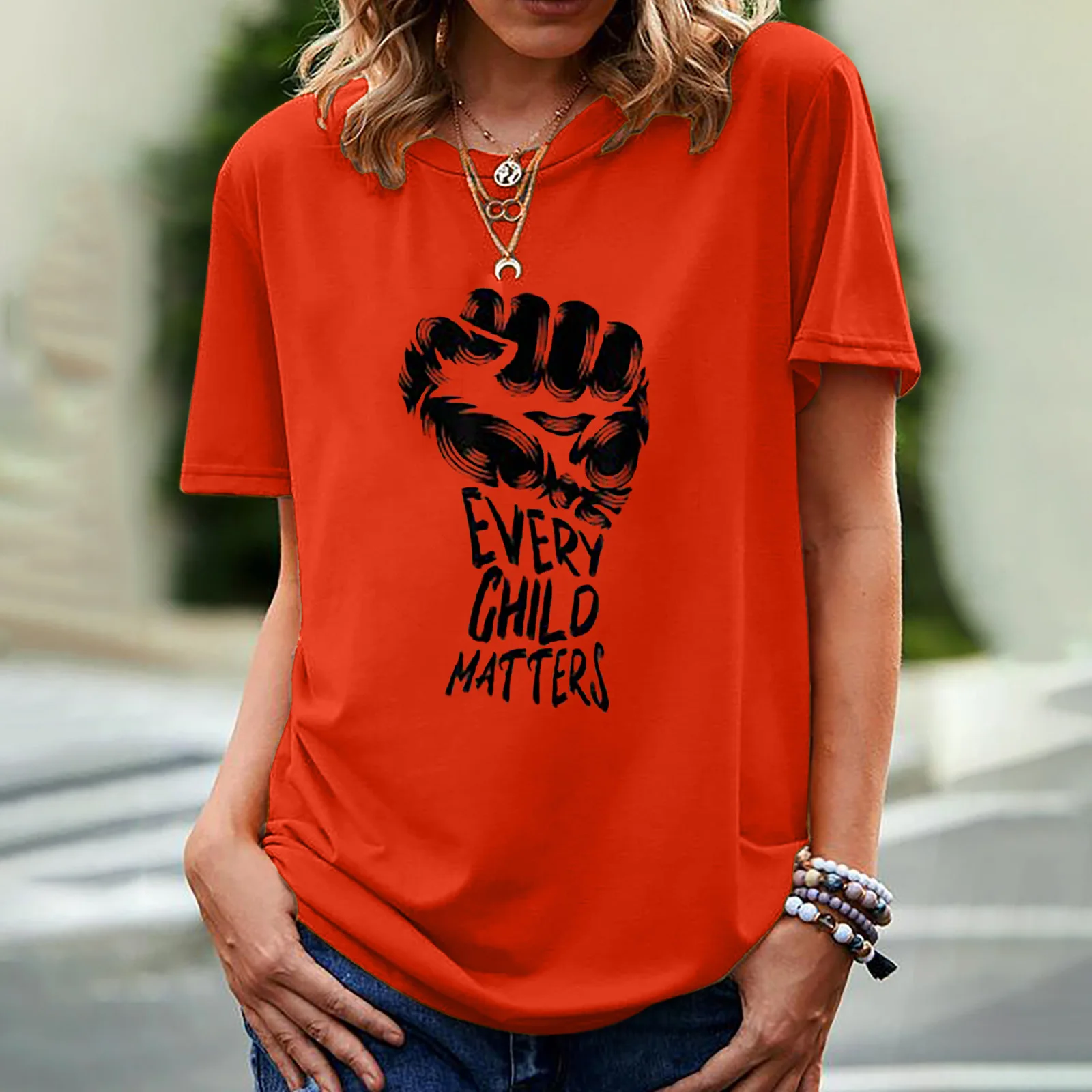 T-shirt à manches courtes et col rond pour femme, imprimé "Every Child Matters"