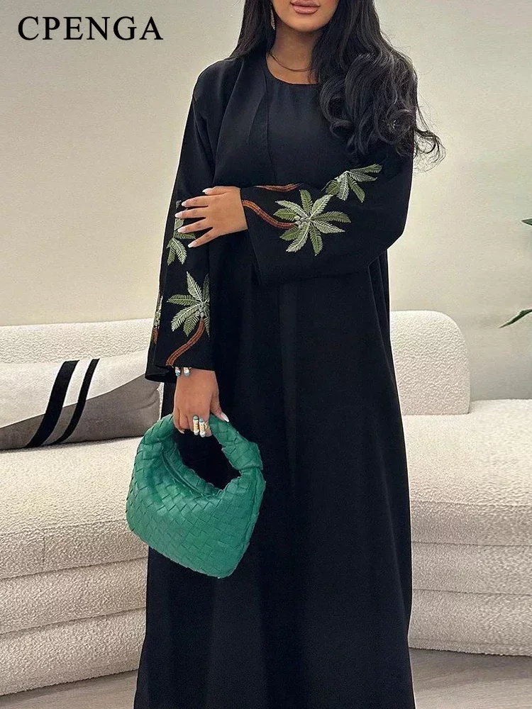 Robe musulmane noire de ramadan pour femmes, robe modeste, abaya unie ouverte, caftan marocain, broderie saoudienne et arabe, islam turc, Eid Ramadan