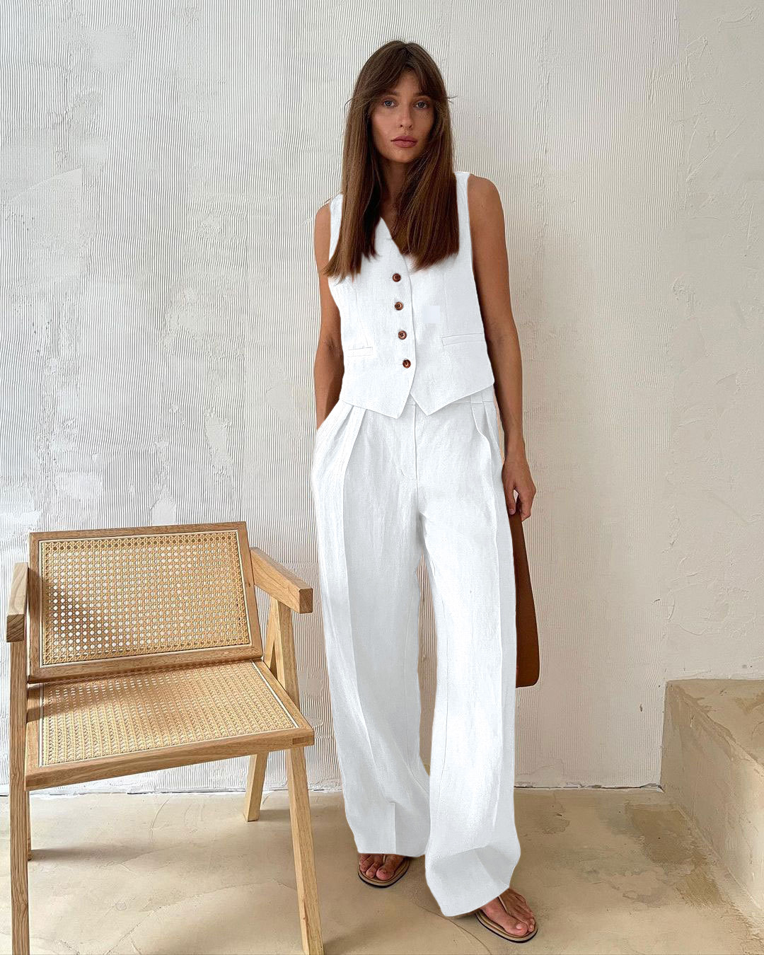 Été femmes gilet haut pantalons décontractés deux pièces costume 2025 nouvelle mode féminine gilet sans manches taille basse pantalon costume coton lin ensemble