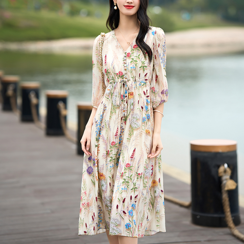 Robe de vacances en soie véritable pour femmes, col en v, élégante, Chic, imprimé Floral, longue, ligne a, printemps été, 100%