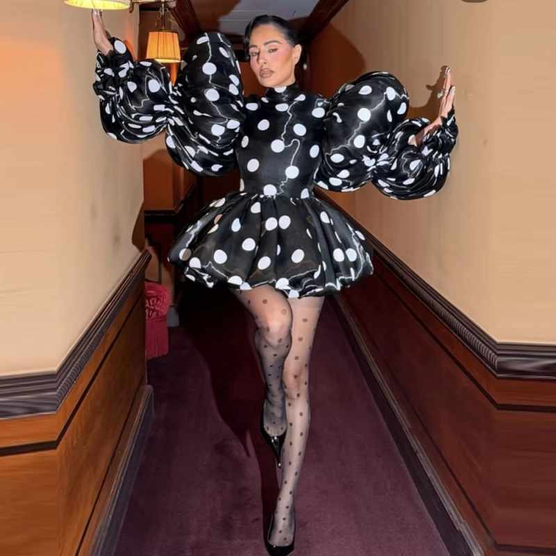 Robe de soirée style ballon à pois, coupe trapèze, manches évasées, robe de bal noire plissée, sur mesure, mini-robe de cocktail courte et tendance