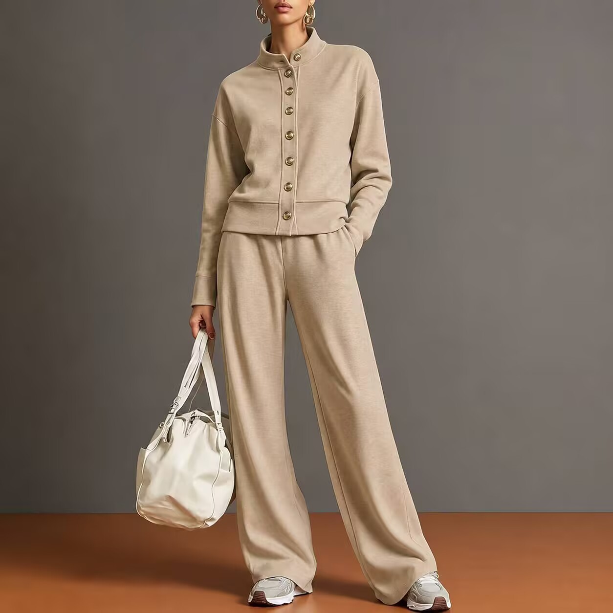 Ensemble 2 pièces pour femmes : veste courte à col montant et boutons sur le devant, hauts à manches longues, pantalon à jambes larges et taille élastique, ensemble uni et décontracté.