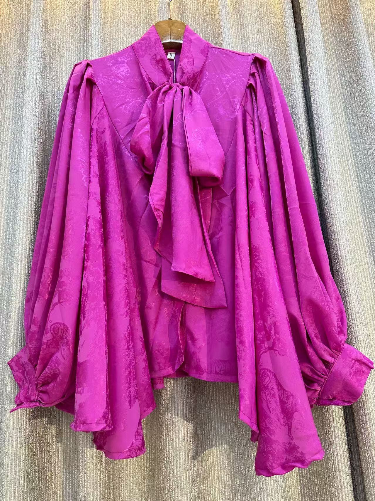 2025 nouveau Chic mode piste automne à lacets imprimé Blouses décontractées pour les femmes arc élégant lâche lanterne à manches longues chemise de fête