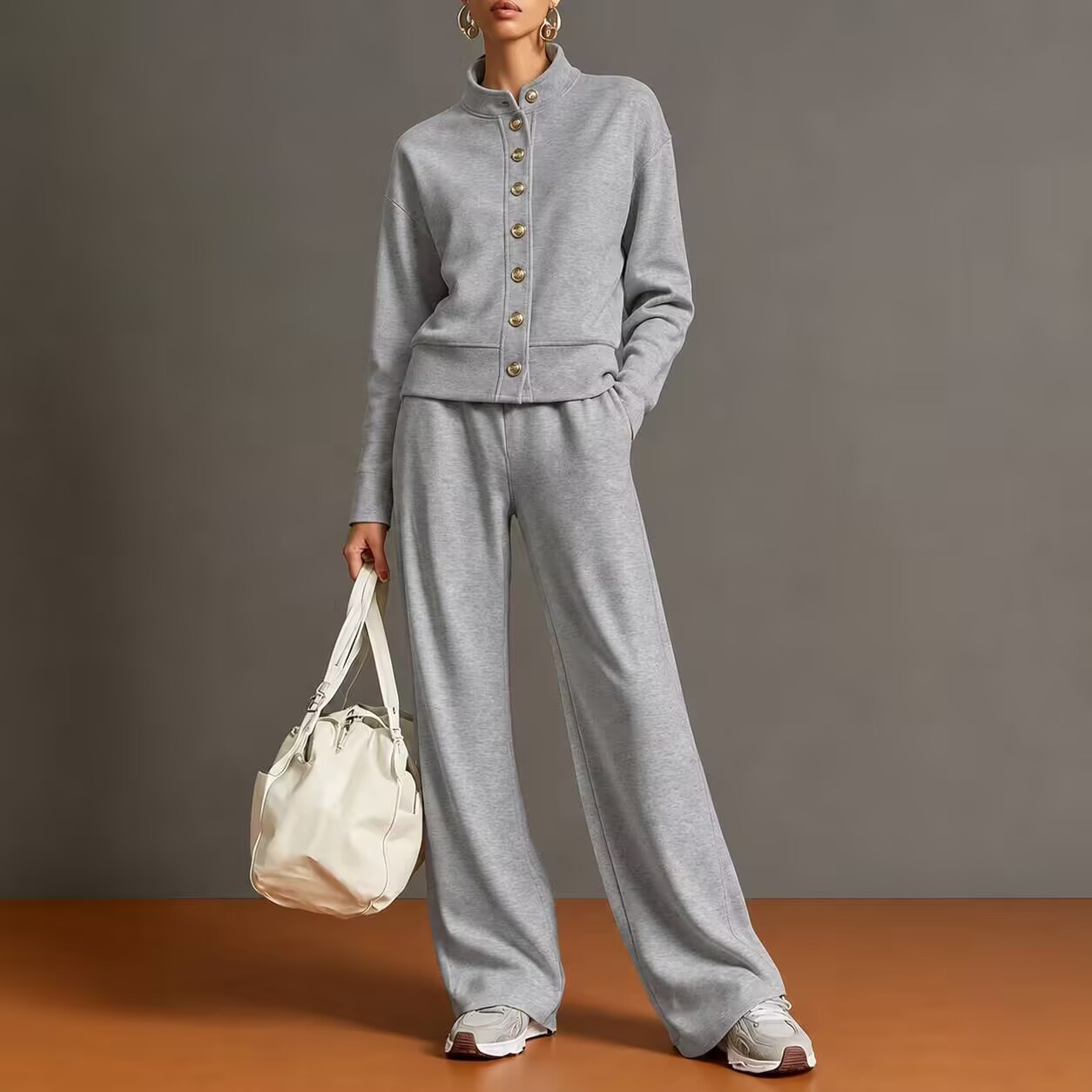 Ensemble 2 pièces pour femmes : veste courte à col montant et boutons sur le devant, hauts à manches longues, pantalon à jambes larges et taille élastique, ensemble uni et décontracté.