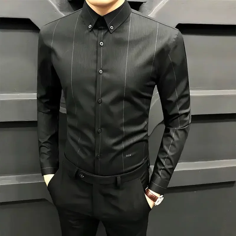 Chemise habillée noire à manches longues pour hommes, chemises et chemisiers d'affaires, coton de luxe, haute qualité, social, vêtements en Y, média, nouveau